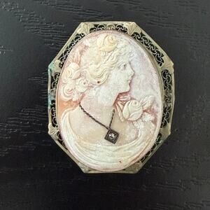 14K Gold Vintage Antique White Filigree Cameo Diamond Pendant Brooch *READ*